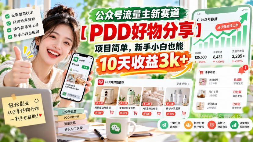 公众号流量主新赛道【PDD好物分享】，项目简单，新手小白也能10天收益3k+-小红泡