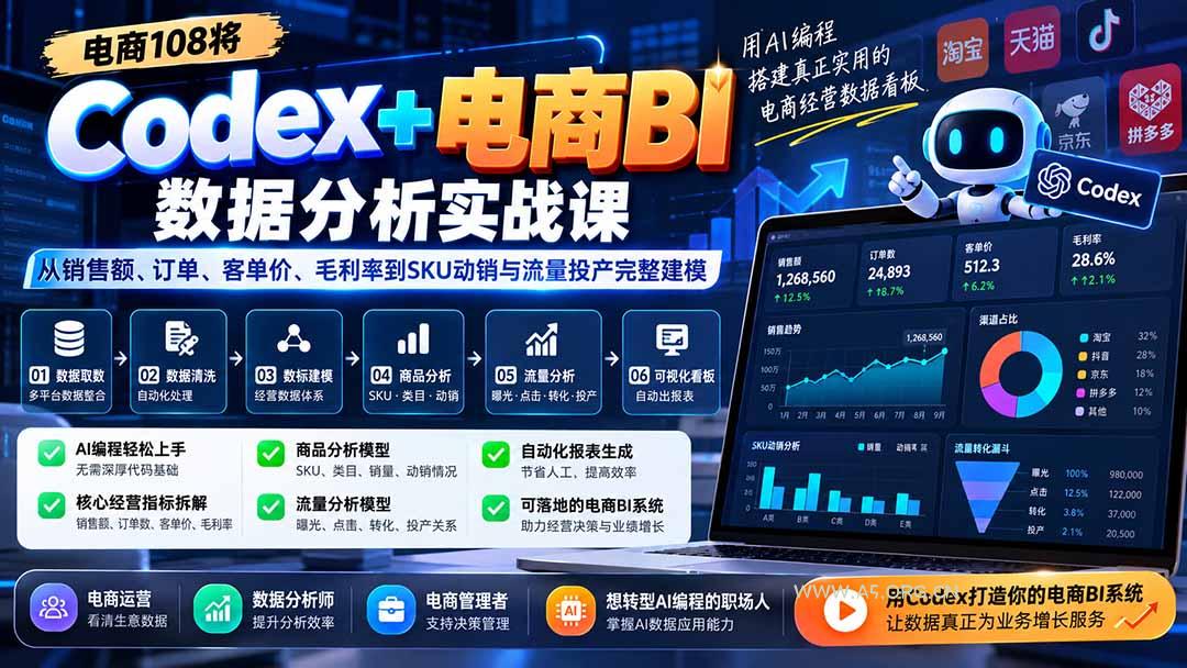 Codex+电商BI数据分析实战课-更新：从销售额、订单、客单价、毛利率到SKU动销与流量投产完整建模-小红泡