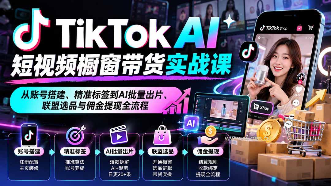 TikTok AI短视频橱窗带货实战课:从账号搭建、精准标签到AI批量出片、联盟选品与佣金提现全流程-小红泡