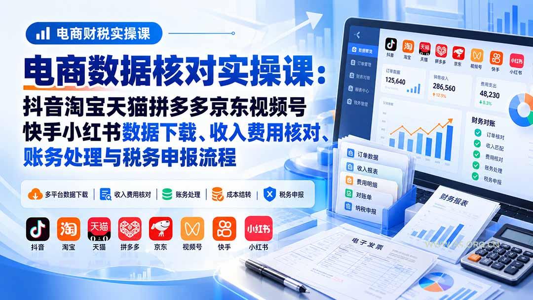 电商数据核账实操课:抖音淘宝天猫拼多多京东视频号快手小红书数据下载、收入费用核对、账务处理与税务申报流程-小红泡