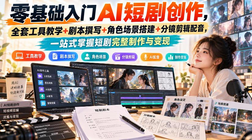 零基础入门AI短剧创作,全套工具教学+剧本撰写+角色场景搭建+分镜剪辑配音,一站式掌握短剧完整制作与变现-小红泡