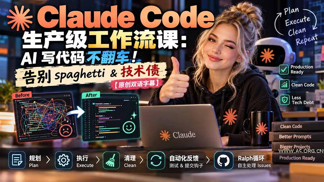 Claude Code 生产级工作流课:AI 写代码不翻车!告别 spaghetti & 技术债【原创双语字幕】-小红泡