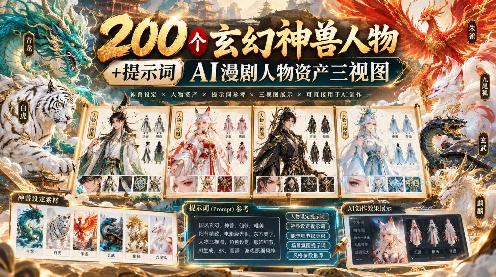 200个玄幻神兽人物+提示词ai漫剧人物资产三视图-小红泡