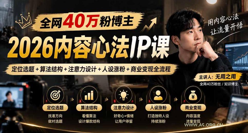【无水印】全网40W粉博主的2026内容心法IP课,定位选题+算法结构+注意力设计+人设涨粉+商业变现全流程-小红泡