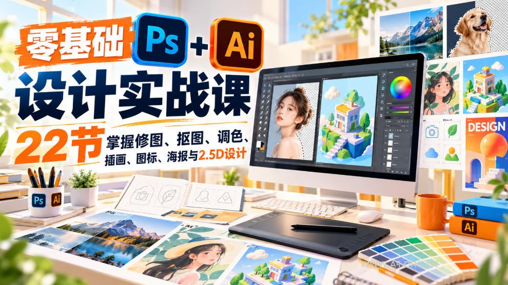 【无水印】零基础PS+AI设计实战课｜22节掌握修图、抠图、调色、插画、图标、海报与2.5D设计-小红泡