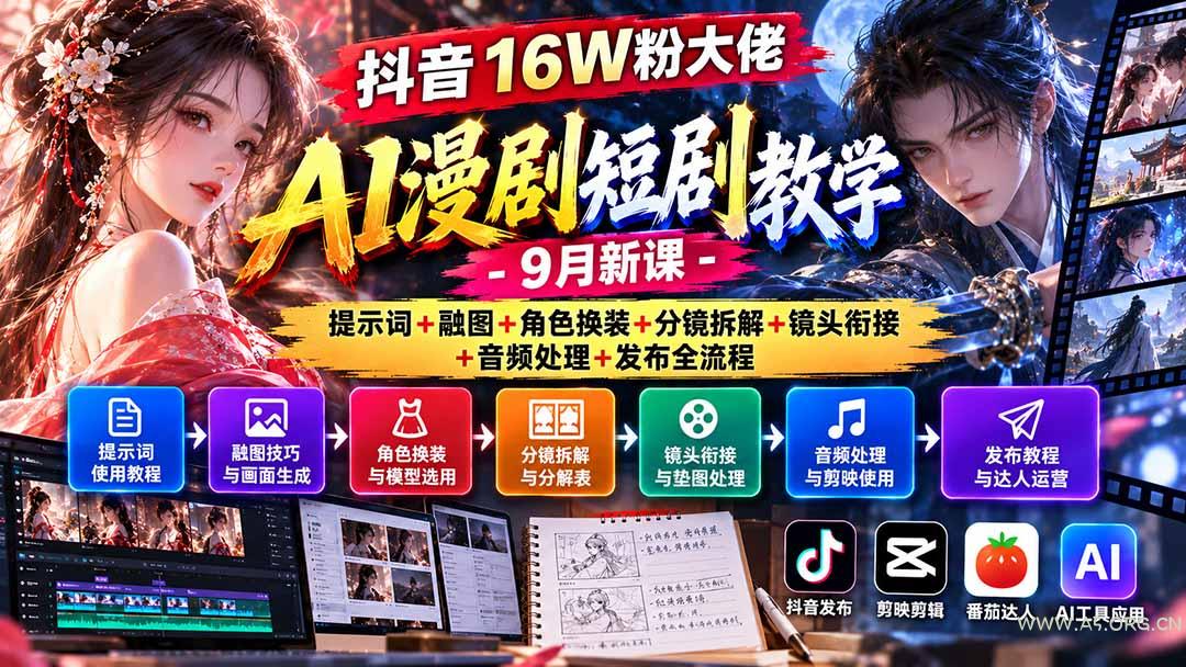 抖音16W粉大佬AI漫剧短剧教学-9月新课：提示词+融图+角色换装+分镜拆解+镜头衔接+音频处理+发布全流程-小红泡