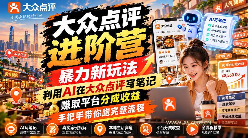 大众点评进阶营，暴力新玩法，利用AI在大众点评写笔记， 賺取平台分成收益，手把手带你跑完整流程-小红泡