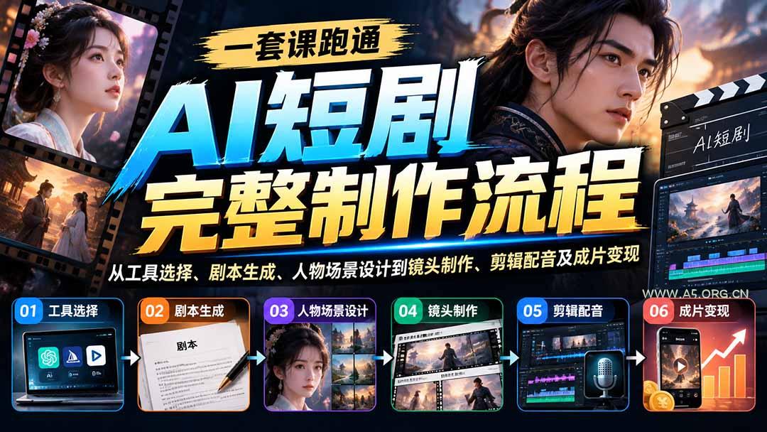 一套课跑通AI短剧完整制作流程:从工具选择、剧本生成、人物场景设计到镜头制作、剪辑配音及成片变现-小红泡