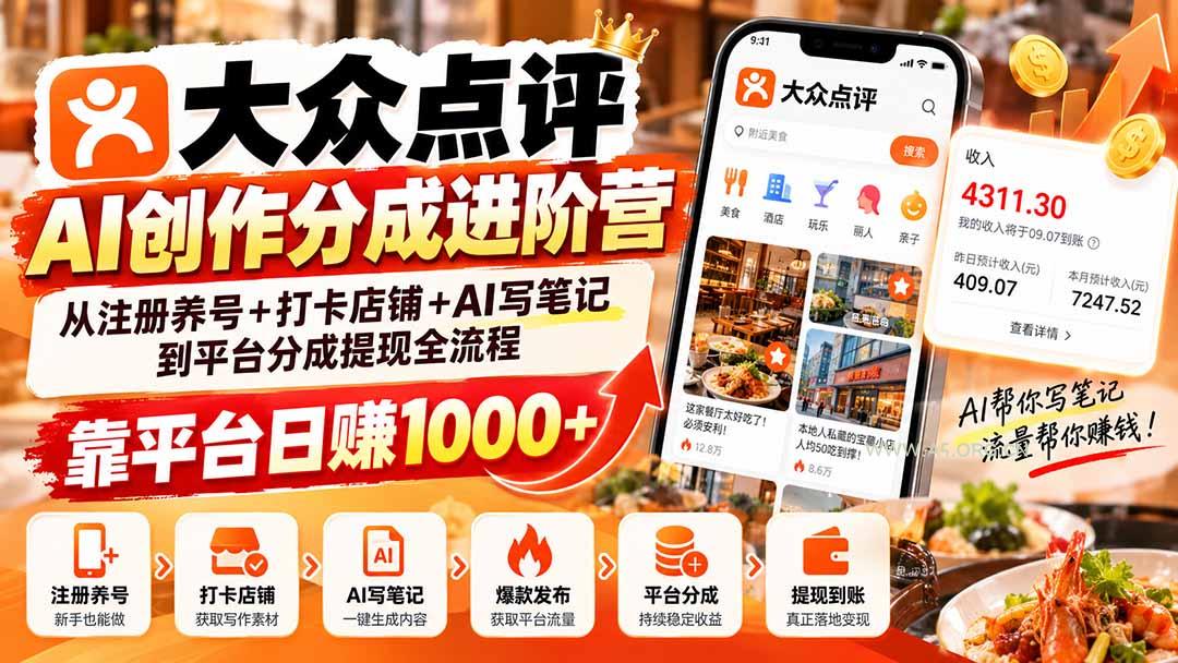 大众点评AI创作分成进阶营:从注册养号+打卡店铺+AI写笔记到平台分成提现全流程,靠平台日赚1000+-小红泡