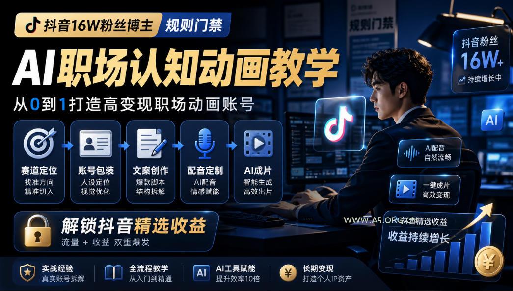 抖音16W粉丝博主规则门禁的AI职场认知动画教学,从赛道定位、账号包装,到文案创作、配音定制、AI成片,解锁抖音精选收益-小红泡