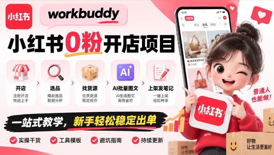 workbuddy小红书0粉开店项目,开店、选品、找货源、AI批量图文、上架发笔记一站式教学,新手轻松稳定出单-小红泡