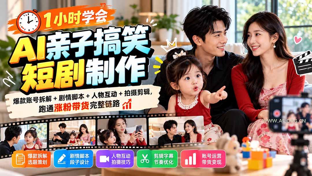 1小时学会AI亲子搞笑短剧制作:爆款账号拆解+剧情脚本+人物互动+拍摄剪辑,跑通涨粉带货完整链路-小红泡