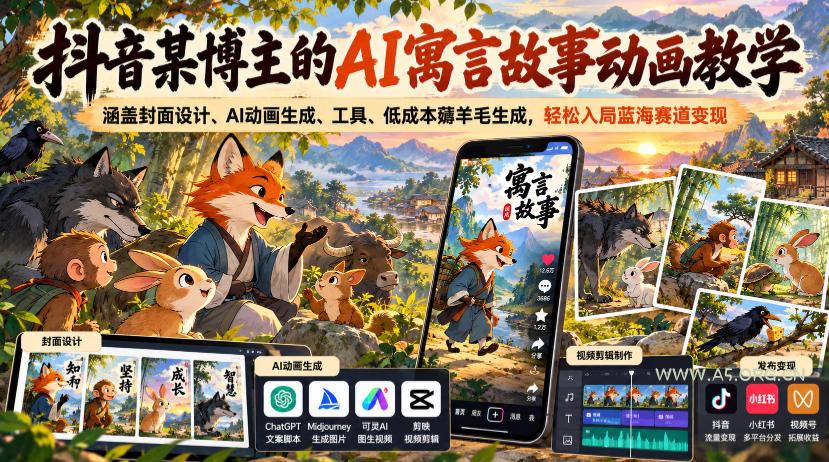 抖音某博主的AI寓言故事动画教学,涵盖封面设计、AI动画生成、工具、低成本薅羊毛生成,轻松入局蓝海赛道变现-小红泡