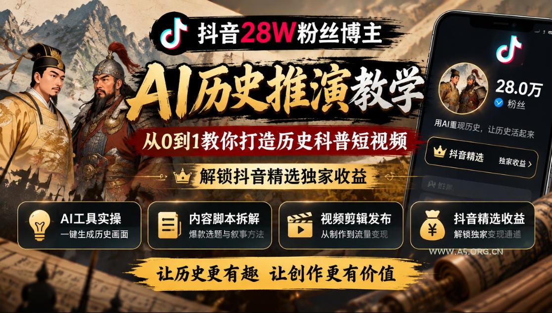抖音28W粉丝博主的AI历史推演教学，从0到1教你打造历史科普短视频，解锁抖音精选独家收益-小红泡