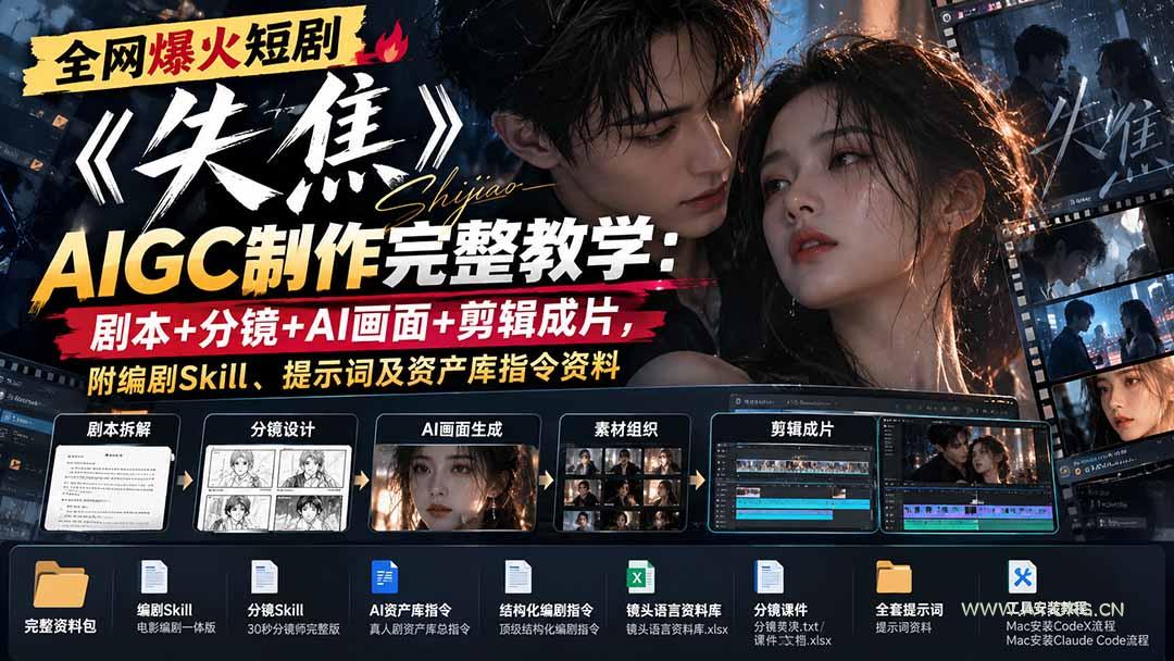 全网爆火短剧《失焦》AIGC制作完整教学：剧本+分镜+AI画面+剪辑成片，附编剧Skill、提示词及资产库指令资料-小红泡