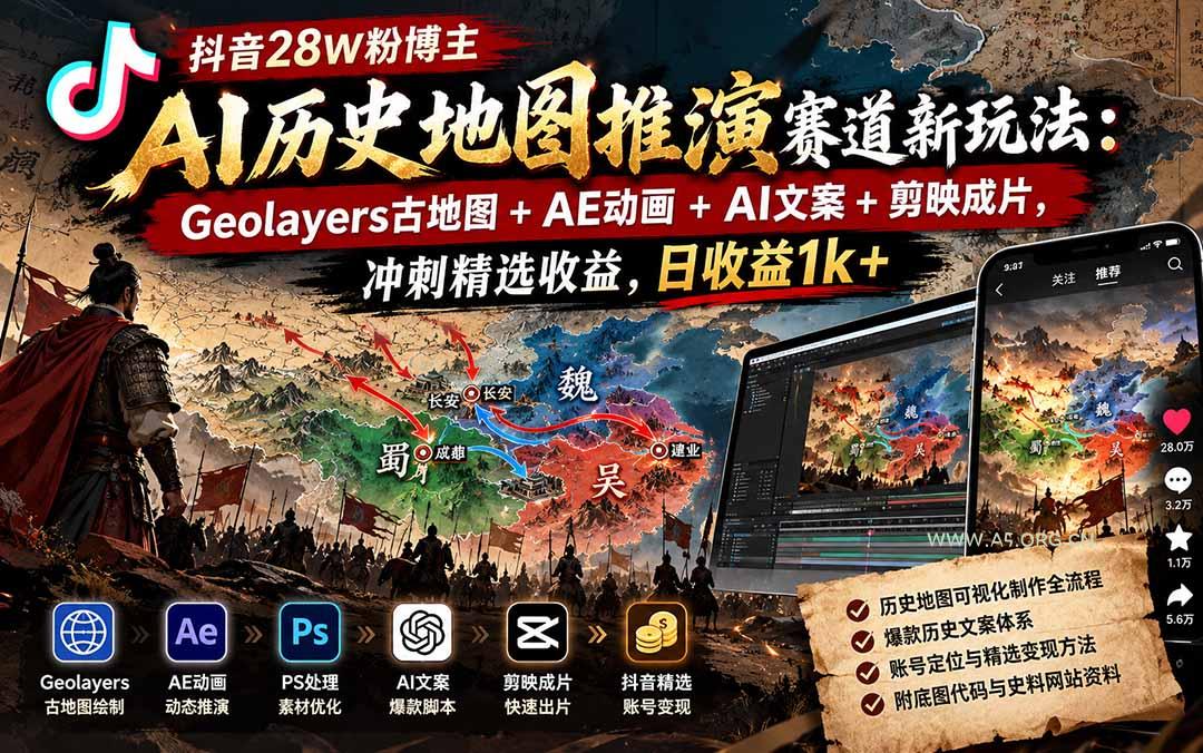 抖音28W粉博主AI历史地图推演赛道新玩法:Geolayers古地图+AE动画+AI文案+剪映成片,冲刺精选收益,日收益1k+-小红泡