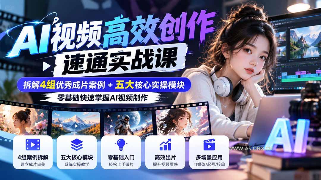 【无水印】AI视频高效创作速通实战课:拆解4组优秀成片案例+五大核心实操模块,零基础快速掌握AI视频制作-小红泡