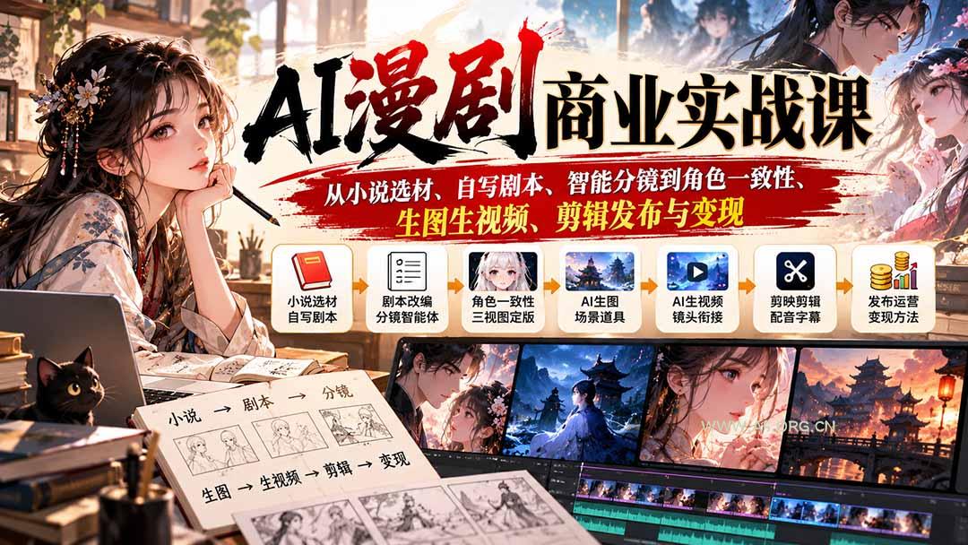 AI漫剧商业实战课:从小说选材、自写剧本、智能分镜到角色一致性、生图生视频、剪辑发布与变现-小红泡