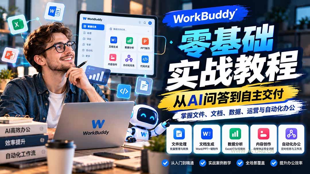 WorkBuddy零基础实战教程:从AI问答到自主交付,掌握文件、文档、数据、运营与自动化办公-小红泡