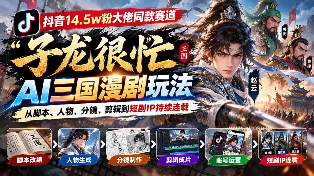 抖音14.5w粉大佬同款赛道「子龙很忙」AI三国漫剧玩法:从脚本、人物、分镜、剪辑到短剧IP持续连载-小红泡