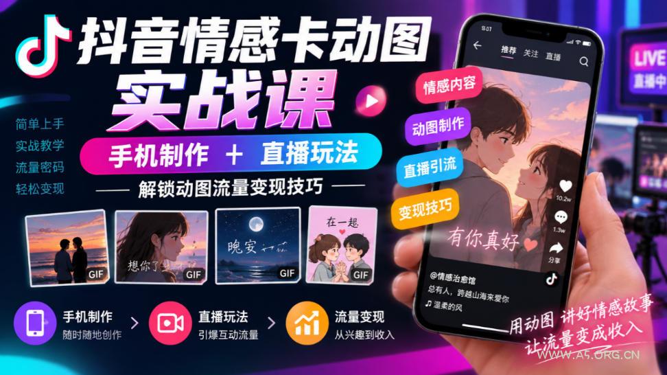 抖音情感卡动图实战课｜手机制作+直播玩法，解锁动图流量变现技巧-小红泡