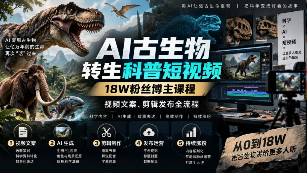 AI古生物转生科普短视频,18W粉丝博主课程,视频文案、剪辑发布全流程-小红泡