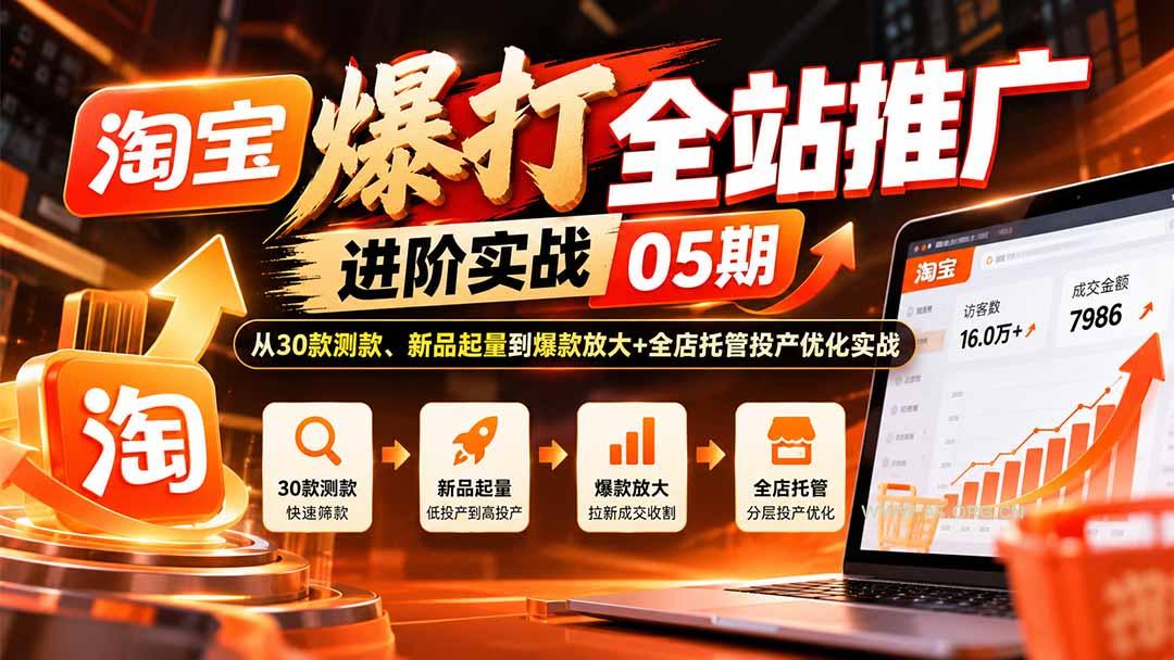 淘宝爆打全站推广进阶实战05期:从30款测款、新品起量到爆款放大+全店托管投产优化实战-小红泡