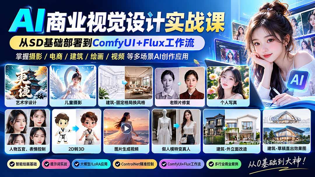 【无水印】AI商业视觉设计实战课:从SD基础部署到ComfyUI+Flux工作流,掌握摄影电商建筑AI创作-小红泡