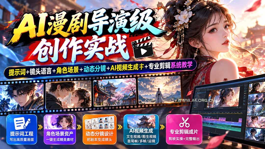 AI漫剧导演级创作实战:提示词+镜头语言+角色场景+动态分镜+AI视频生成+专业剪辑系统教学-小红泡