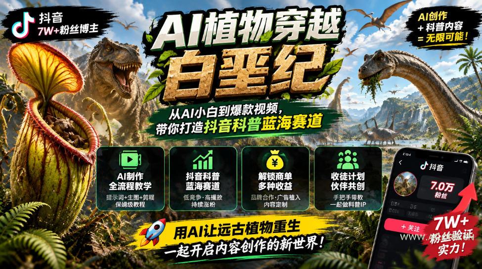 抖音7W粉丝博主的AI植物穿越白垩纪教学，抖音科普蓝海赛道，解锁商单收徒伙伴计划等多种收益-小红泡