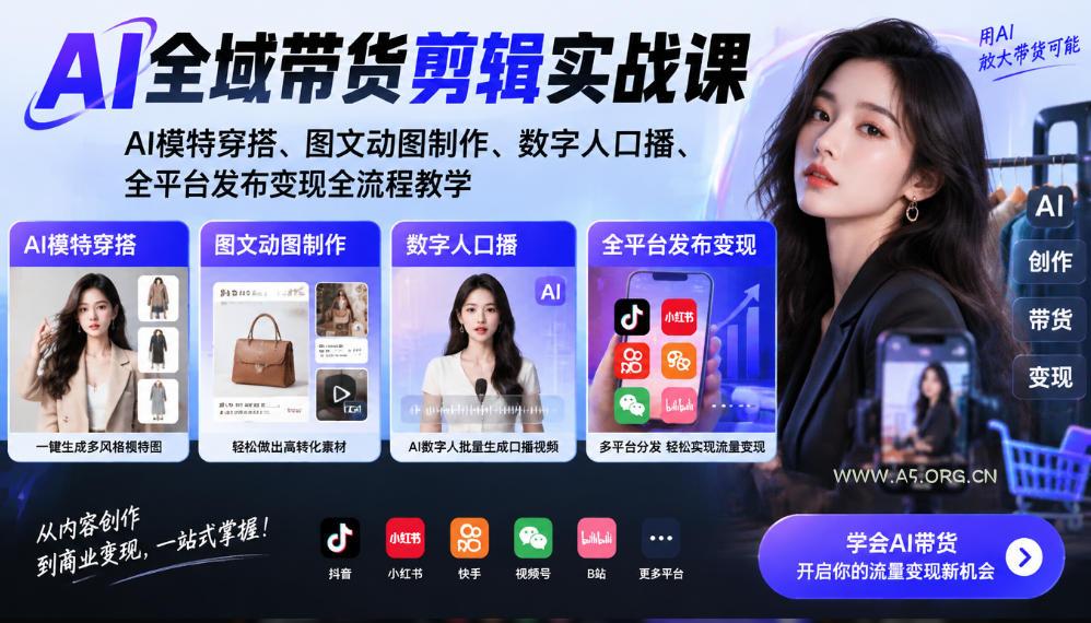 AI全域带货剪辑实战课|AI模特穿搭、图文动图制作、数字人口播、全平台发布变现全流程教学-小红泡