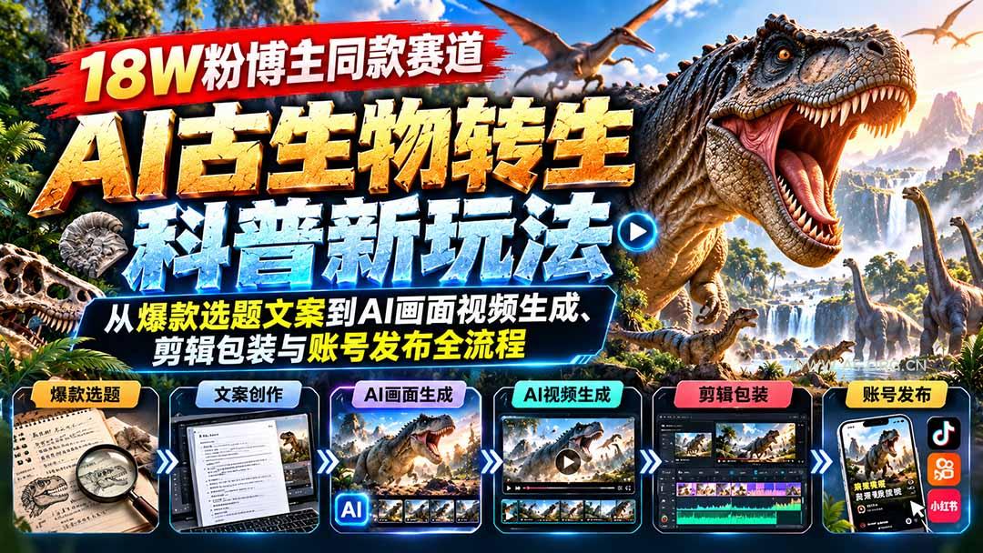 18W粉博主同款赛道-AI古生物转生科普新玩法:从爆款选题文案到AI画面视频生成、剪辑包装与账号发布全流程-小红泡