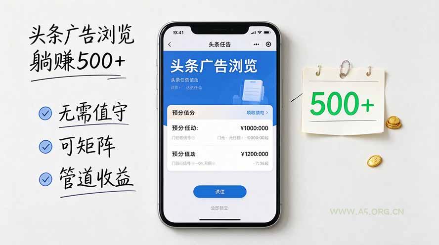 头条广告浏览躺赚500+无需值守，可矩阵并附有管道收益-小红泡