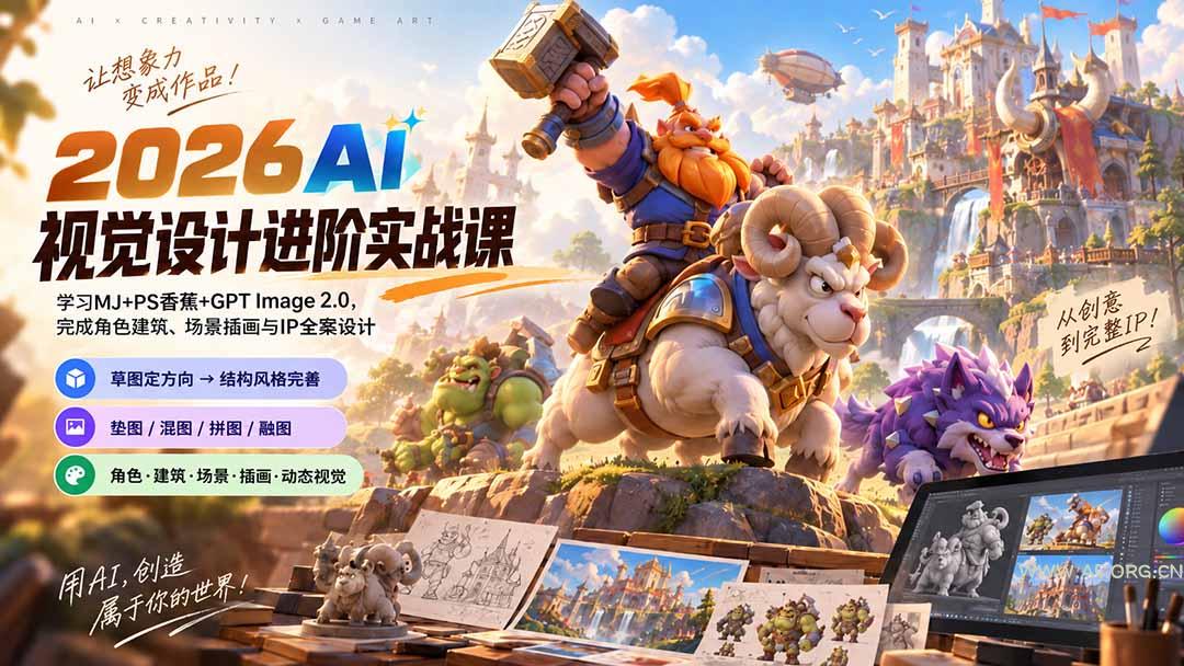 2026AI视觉设计进阶实战课-更新1007:学习MJ+PS香蕉+GPT Image 2.0,完成角色建筑、场景插画与IP全案设计-小红泡