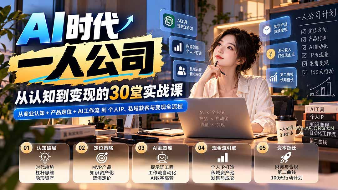 【无水印】AI时代一人公司30堂实战课:从商业认知+产品定位+AI工作流到个人IP、私域获客与变现全流程-小红泡