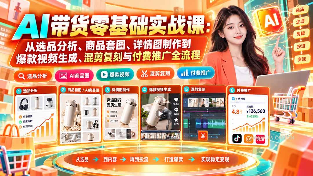 AI带货零基础实战课:从选品分析、商品套图、详情图制作到爆款视频生成、混剪复刻与付费推广全流程-小红泡