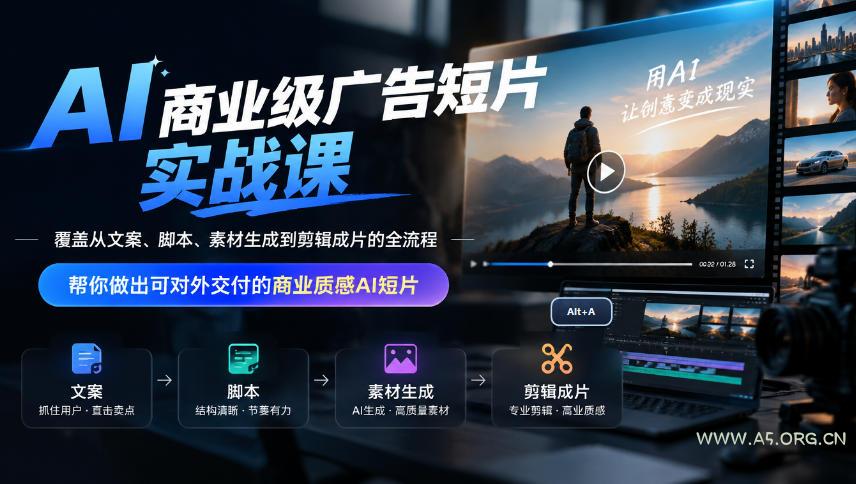 AI商业级广告短片实战课，覆盖从文案、脚本、素材生成到剪辑成片的全流程，帮你做出可对外交付的商业质感AI短片-小红泡