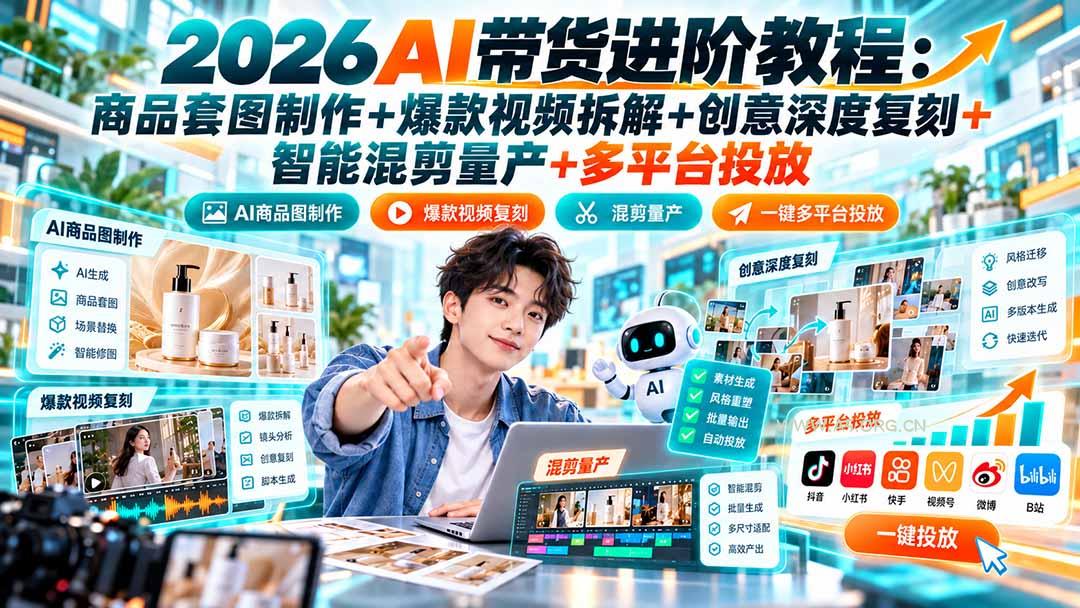 2026AI带货进阶教程:商品套图制作+爆款视频拆解+创意深度复刻+智能混剪量产+多平台投放-小红泡