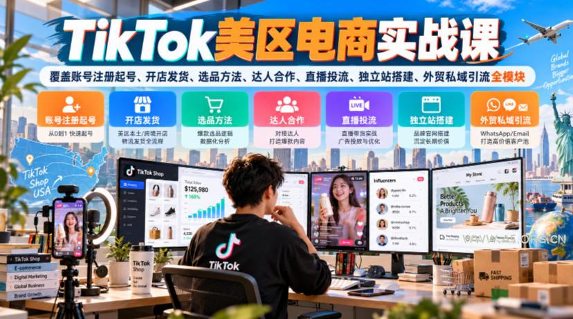 TikTok美区电商实战课,覆盖账号注册起号、开店发货、选品方法、达人合作、直播投流、独立站搭建、外贸私域引流全模块-小红泡