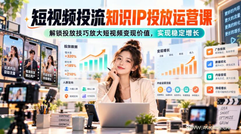 短视频投流知识IP投放运营课,解锁投放技巧放大短视频变现价值,实现稳定增长-小红泡