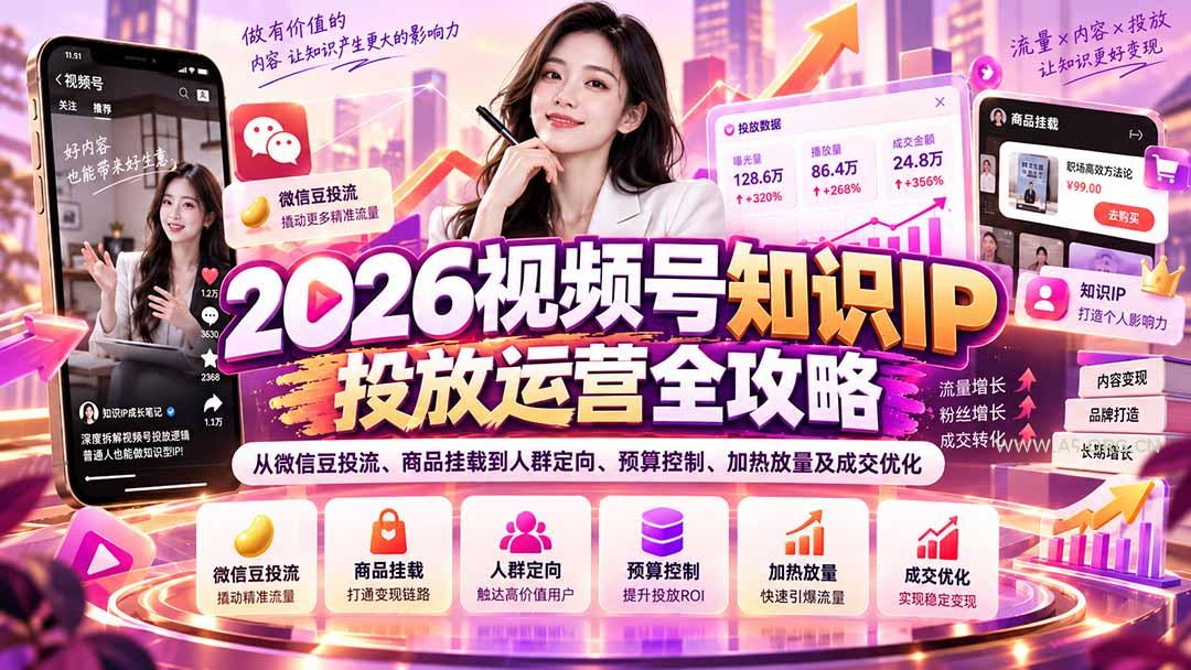 2026视频号知识IP投放运营全攻略:从微信豆投流、商品挂载到人群定向、预算控制、加热放量及成交优化-小红泡