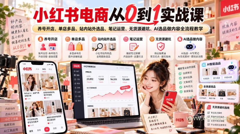 小红书电商从0到1实战课|养号开店、单店多品、站内站外选品、笔记运营、无货源避坑、AI选品做内容全流程教学-小红泡