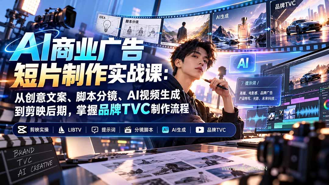 AI商业广告短片制作实战课：从创意文案、脚本分镜、AI视频生成到剪映后期，掌握品牌TVC制作流程-小红泡