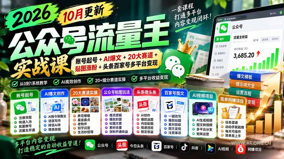 2026公众号流量主实战课-10月更新:账号起号+AI爆文+20大赛道+贴图涨粉+头条百家号多平台变现-小红泡