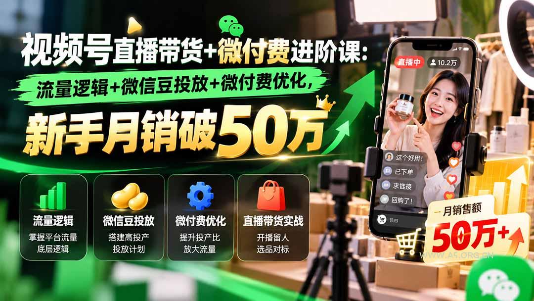 视频号直播带货+微付费进阶课-更新1010：流量逻辑+微信豆投放+微付费优化，新手月销破50万-小红泡