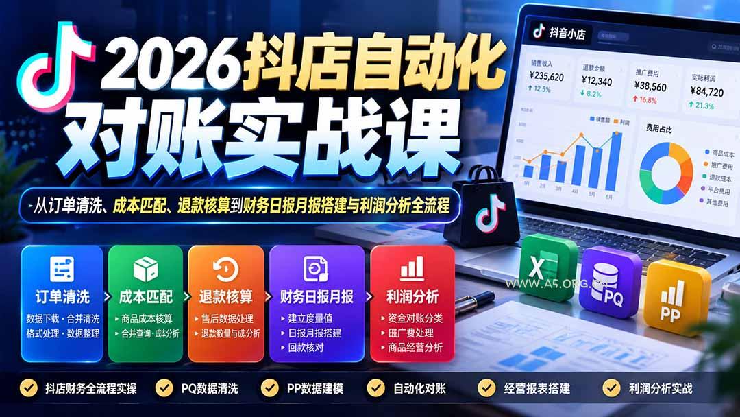 2026抖店自动化对账实战课:从订单清洗、成本匹配、退款核算到财务日报月报搭建与利润分析全流程-小红泡