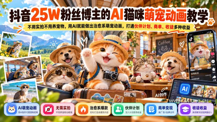 抖音25W粉丝博主的AI猫咪萌宠动画教学，不用实拍不用养宠物，用AI就能做出治愈系萌宠动画，打通伙伴计划、商单、收徒多种收益-小红泡
