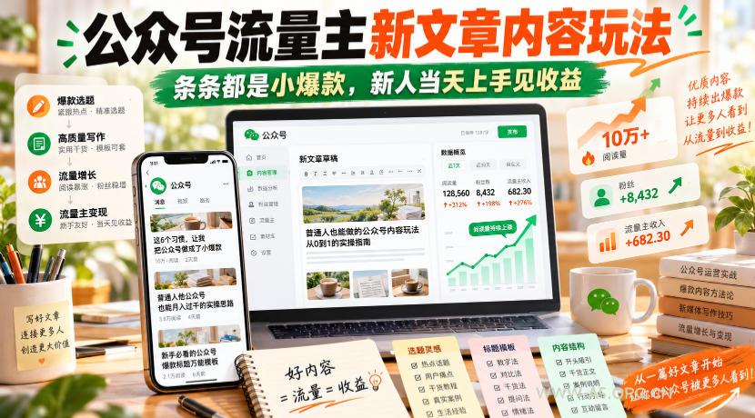 公众号流量主新文章内容玩法，条条都是小爆款，新人当天上手见收益-小红泡