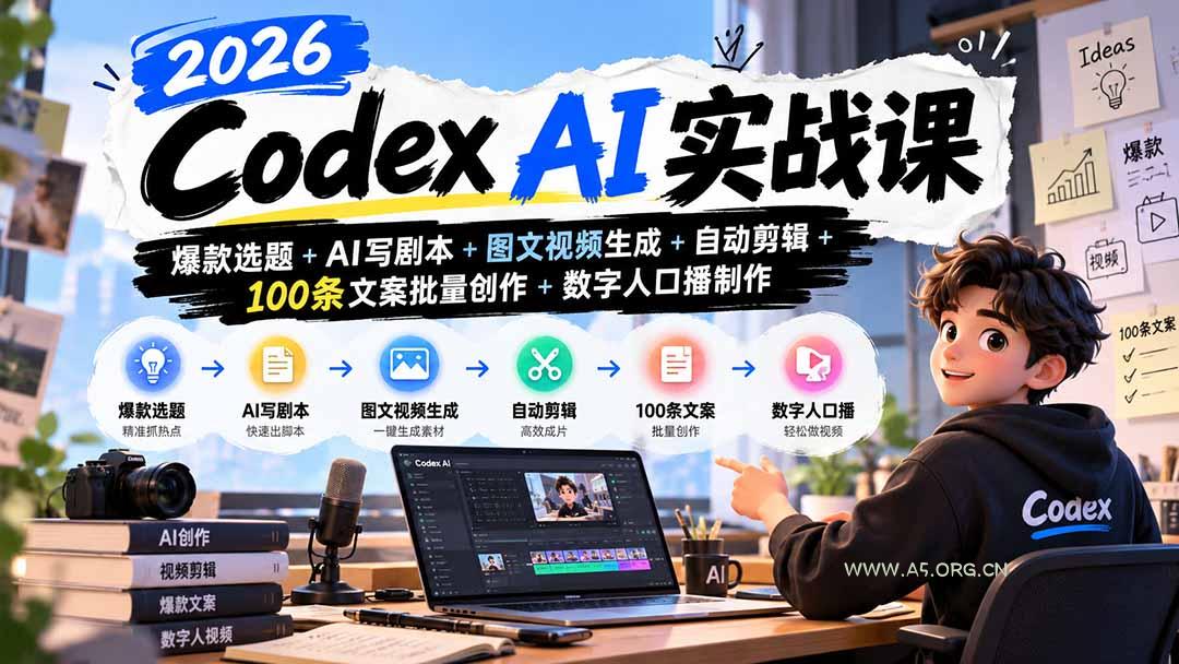 2026Codex AI实战课：爆款选题+AI写剧本+图文视频生成+自动剪辑+100条文案批量创作+数字人口播制作-小红泡