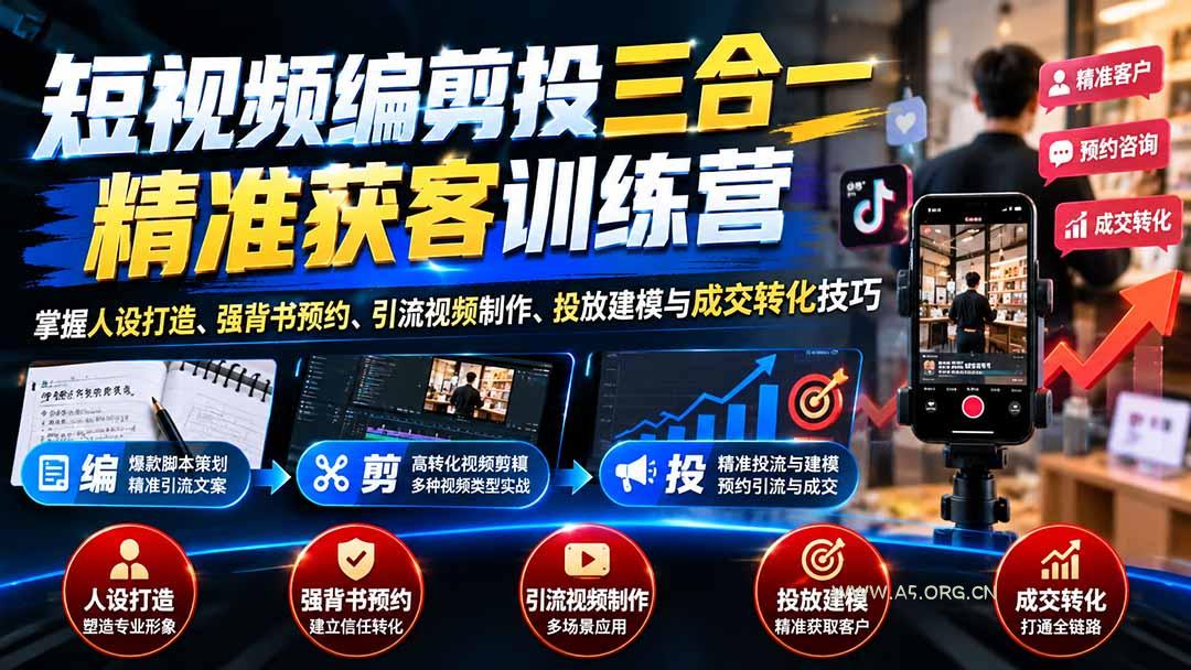 短视频编剪投三合一精准获客训练营:掌握人设打造、强背书预约、引流视频制作、投放建模与成交转化技巧-小红泡